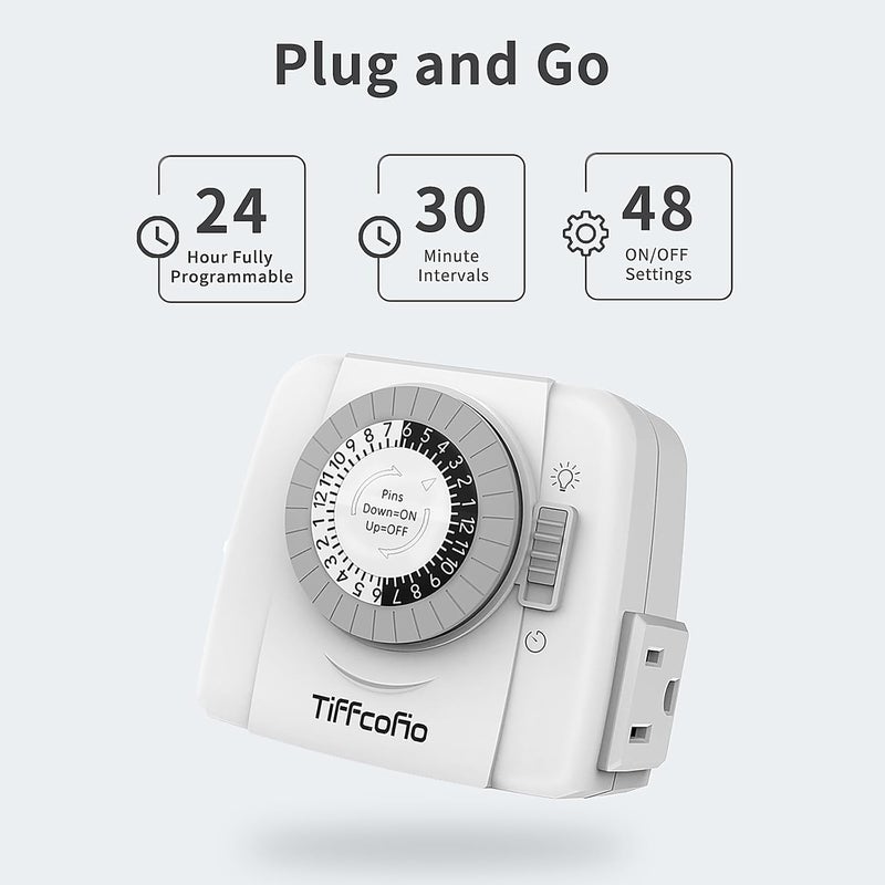 Tiffcofio Indoor Mechanical Outlet Timer, 3 Prong Timers for Electrical Outlets, 24-Hour Programmable Plug in Light Timer, ETL Listed (2 Outlets, 2 Packs) - Image 2